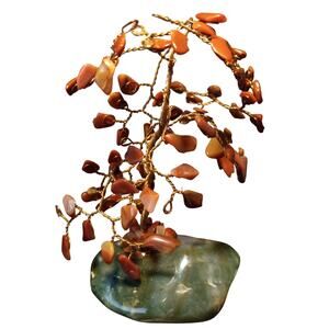 Carnelian Gemstone Bonsai Tree Copper Wire Sculpture Green Crystal Base Folk Art